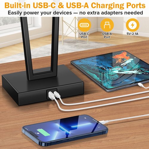 LEDIKON Touch Control Bedside Table Lamps Set of 2, 3-Way Dimmable Modern Black Nightstand Lamps with USB-C & USB-A Ports and LED Bulbs for Bedroom, Living Room, Office