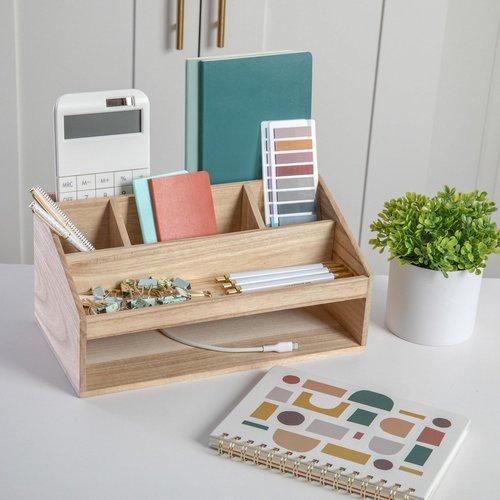 Martha Stewart Weston Wooden Desktop Organizer with Open Lower Storage Compartment, Paulownia Wood Multipurpose Storage Caddy, Light Natural