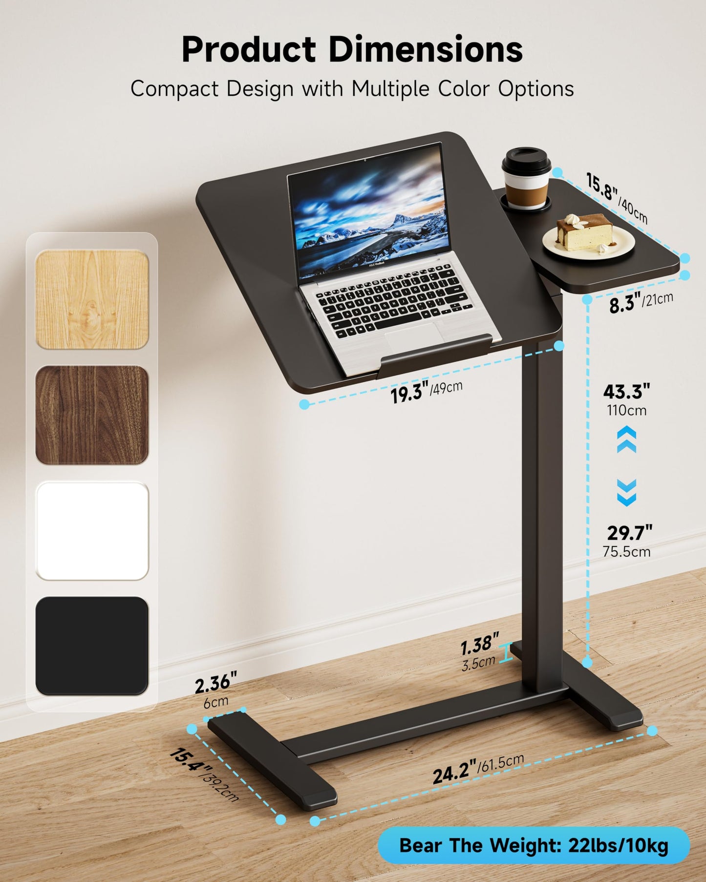 BZIUM Overbed Bedside Table with Hidden Wheels, Adjustable Medical Tilt Top Hospital Bed Table Over The Bed, Rolling Desk Mobile Standing Desk (27.6x15.8, Black)