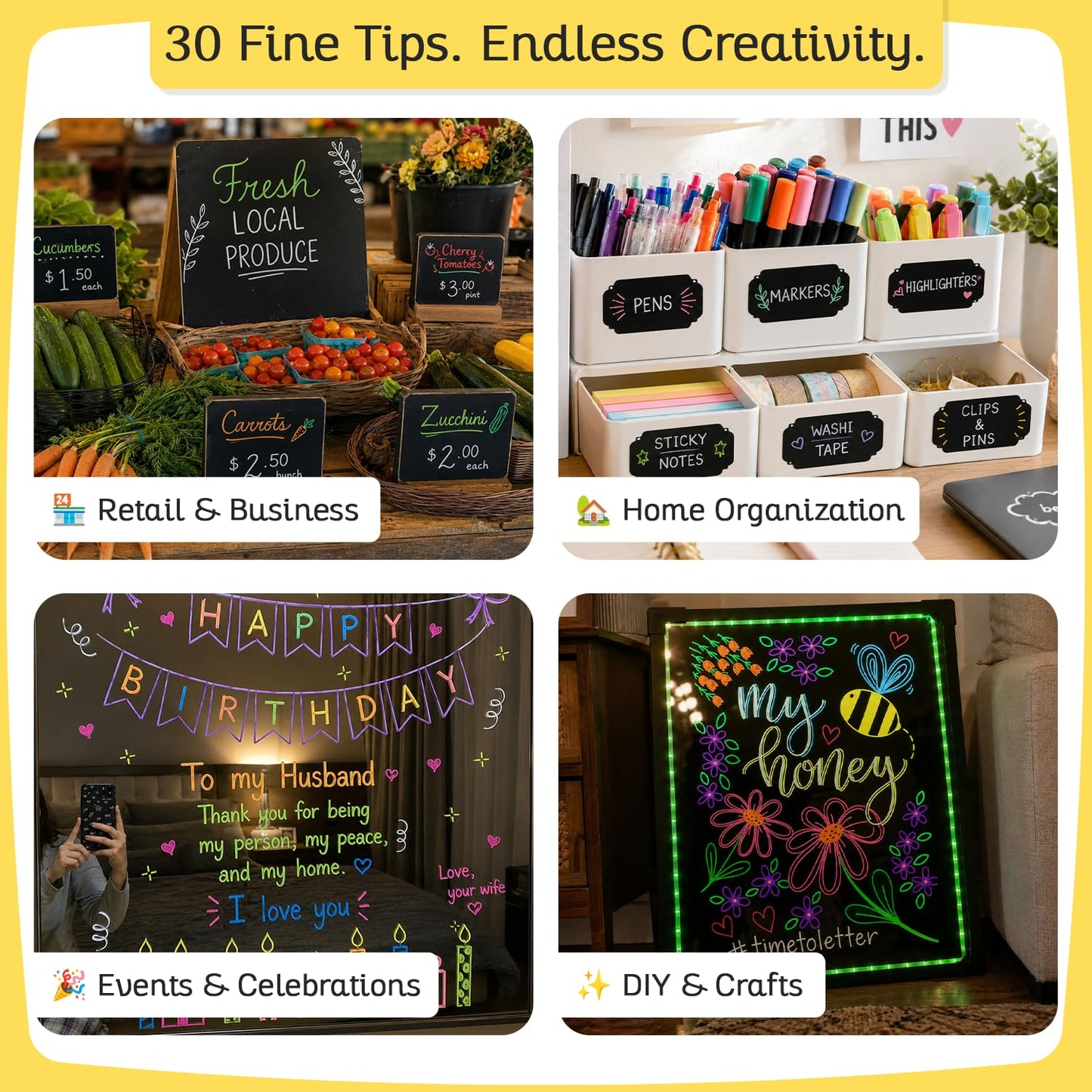 Extra Fine Tip Liquid Chalk Markers for Blackboard (30 Pack 1mm) Pastel + Neon Chalk Pens - Erasable Dry Erase Marker for Chalkboard, Blackboards, Window, Bistro, Car - Fine Tip Chalkboard Markers