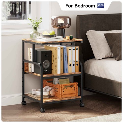 Warmiehomy Printer Stand, 20×16×28'' Printer Table with Wheels, 3 Tier Rolling Cart with Adjustable Storage Shelf, Space Saving 3D Desk for Home Office, Mini Fridge & Heat Press Stand, Rustic Brown