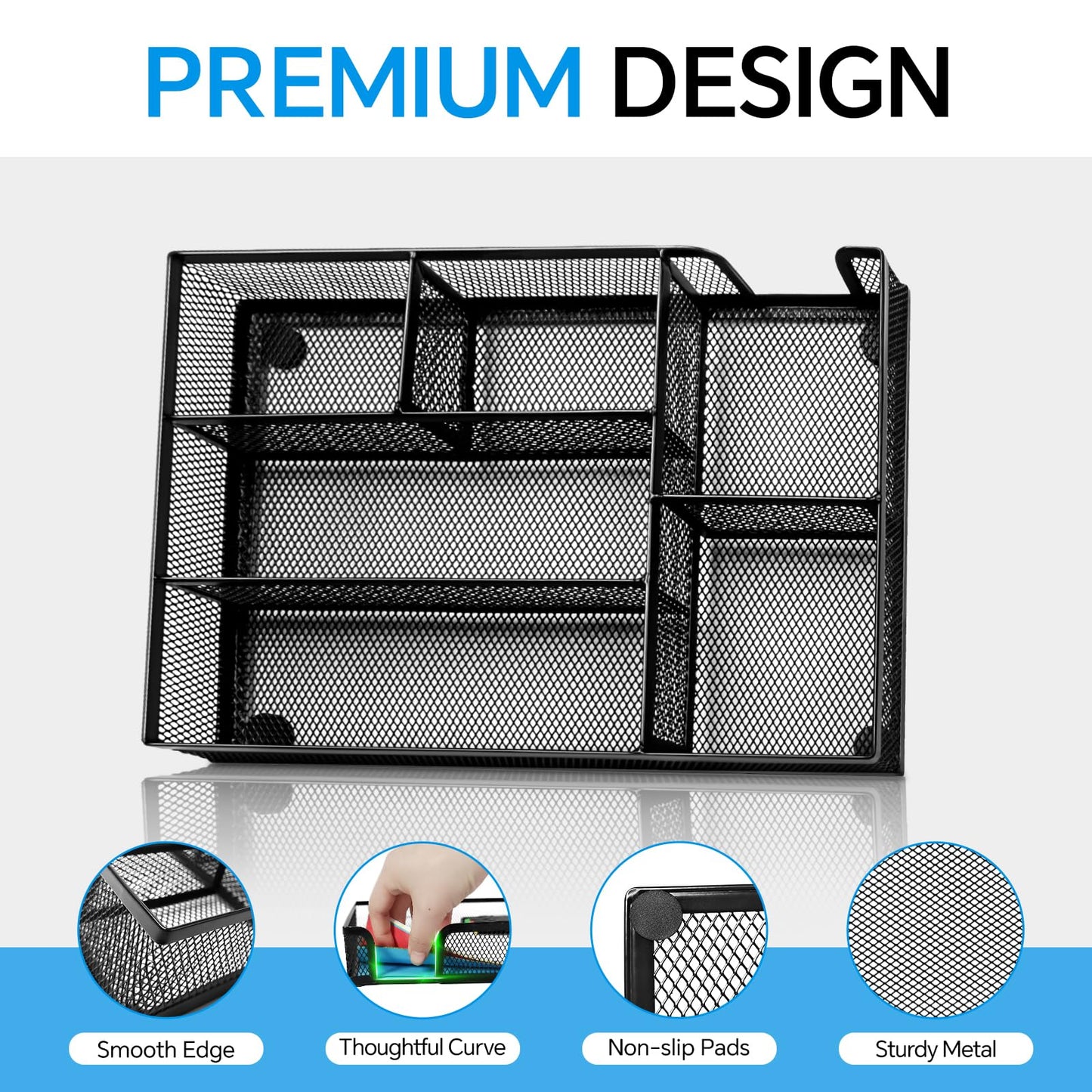 Desk Drawer Organizer, Office Drawer Divider Organizer Tray with 6 Compartments, Metal Mesh Desktop Organization and Accessories for Stationery Makeup Kitchen Toolroom School ＆Office, 12.6x8.27x1.6 in