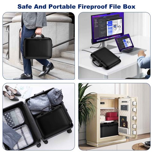 HIBWN Fireproof Document Box, Hard Case Fireproof File Organizer with Lock and 13 Pocket Accordion File Folder, Portable Safe Box for Home Office Travel to Storage Important Documents Laptop Black