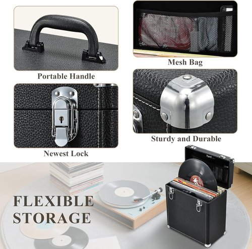 Hododou Vinyl Record Storage Case - Holds 30+ 12-Inch Records | Heavy-Duty, Portable Design with Lid Handle & Mesh Pouch