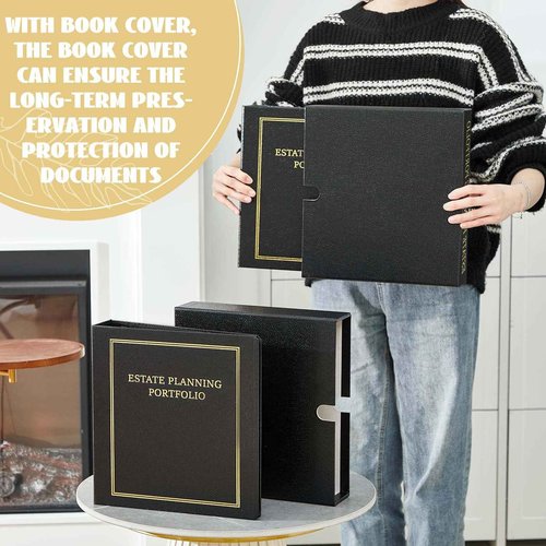 Feifeiya 4 Pcs Estate Planning Portfolio Binders with Gold Title in Case I Die Organizer with Index Tabs and Slipcase PU Leather 3 Ring Binders 11.5 x 11 x 2.5 Inches (Black)