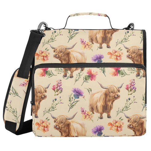 ALAZA Zipper Binder 3 Ring Highland Cow Flowers Binder Organizer with Zipper and Shoulder Strap Large Capacity Multi-Pocket Trapper Keeper File Folder for Office Supplies