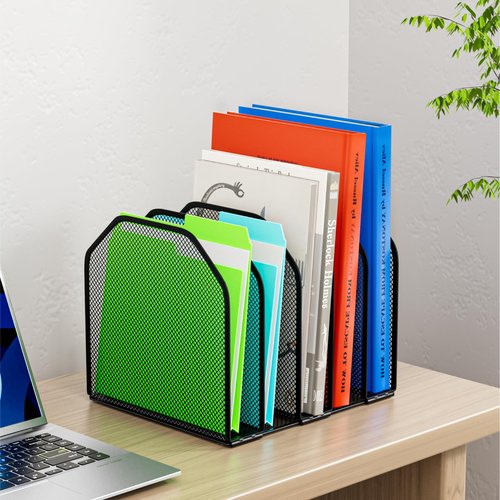 FUCDTEFC Desk File Organizer, Adjustable 5 Sections Upright Desktop Organizer File Sorter, Sturdy Metal Mesh Vertical Bookshelf File Holder Workspace Accessories for Home,School,Office Classroom,Black