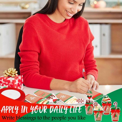 Zhanmai 96 Pcs Christmas Sticky Notes with Ballpoint Pens and Ribbons Christmas Themed Gifts Cute Coffee Cup Die Cut Memo Note Pad Red Green Ballpoint Pen for School Office Home Present