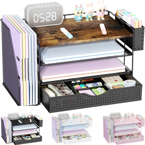Wood Desk Organizers and Accessories with File Holder, 4-Tier Desk Accessories & Workspace Organizers with Drawer and Pen Holder, Paper Organizer for Office Supplies (Wood)