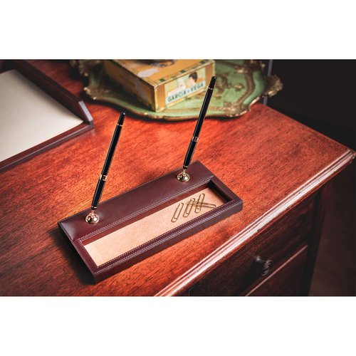 Dacasso Chocolate Brown Leather Double Gold Accents Pen Stand