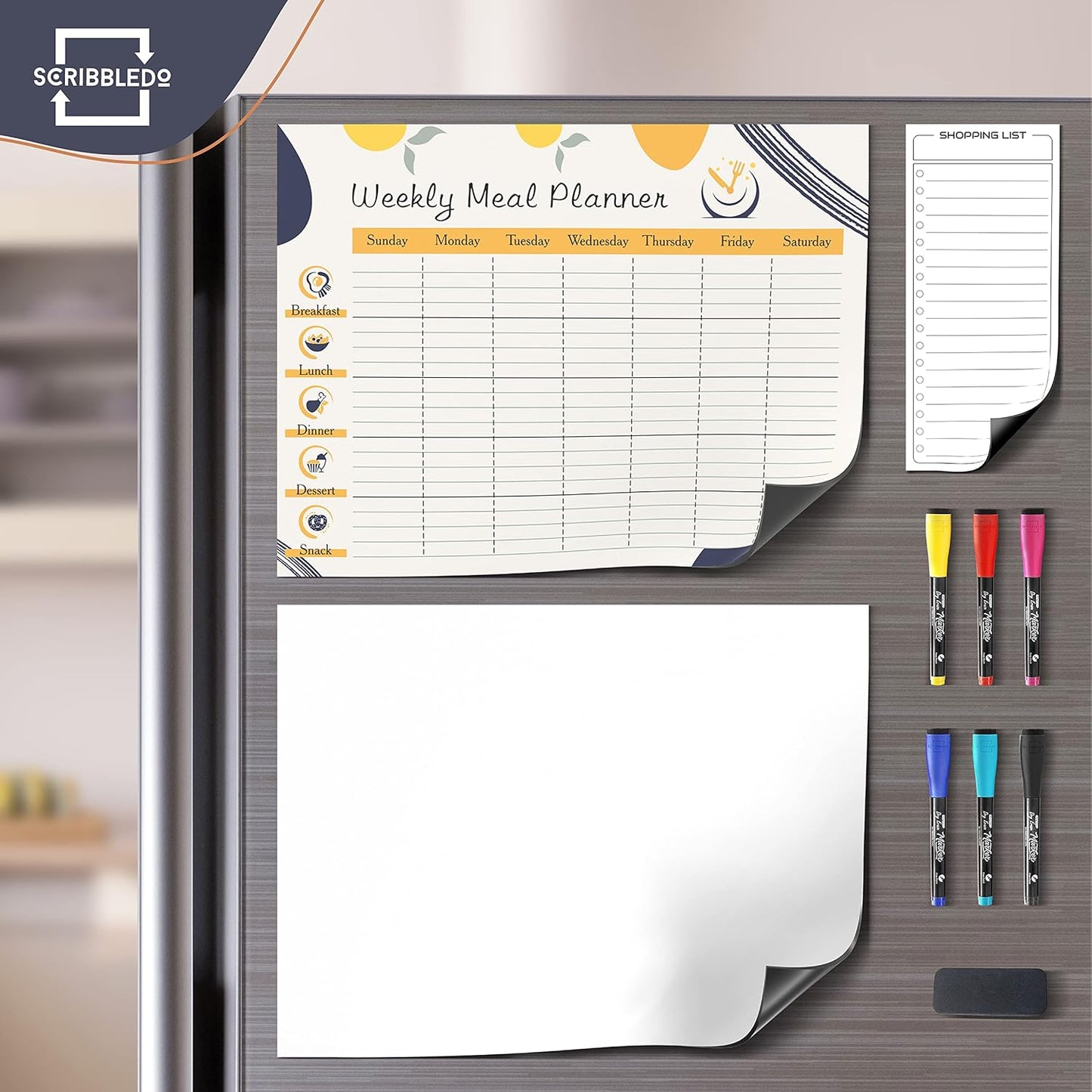 Skiennix Weekly Meal Planner - 13" x 17" Magnetic Dry Erase Whiteboard for Fridge | Includes 6 Markers