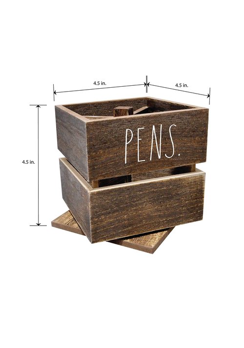 Rae Dunn Pencil Cup - Wooden Pen Holder Desktop Organizer - Small Rustic Wood Desk Top Caddy for Office Accessories and Supplies - Organization for Home, School, Classroom, Work - Square Dark Brown