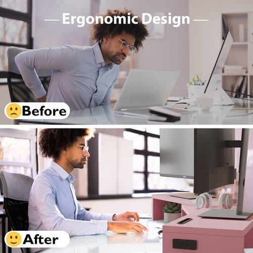 BONTEC Dual Monitor Stand for Desk, Adjustable Length and Angle Monitor Stand Riser with Smartphone Holder, Desk Shelf for Top of Desk, Computer Monitor Stand with Storage, Office Desk Organizer, Pink