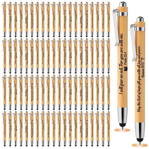 Jetec 100 Pcs Inspirational Bible Verse Bamboo Pen Wooden Retractable Ballpoint Pen with Stylus for Women Men Teacher Coworker School Office Supplies Journal Writing Gifts(Religious)
