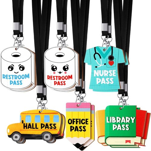 Sabary Hall Pass Lanyards - 12 Unbreakable Wooden Passes for Classrooms, Restrooms & Offices