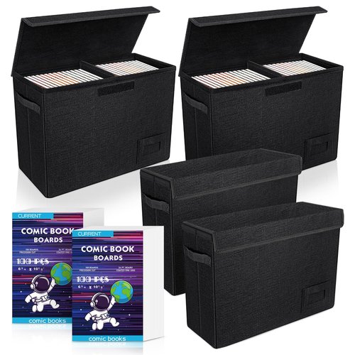 YSCare 200 Comic Book Boards and 4 Pack Comic Book Organizer, Acid-Free Comic Backing Board, Collapsible Comic Book Case with Dividers and Carrying Handles