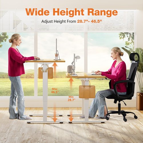 Sweetcrispy Electric Adjustable Height Standing Desk - 55 x 24 inch Sit to Stand Up Desk with Splice Board, Rising Home Office Computer Table with 2 Hook and Wire Hole for Work