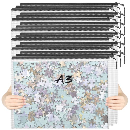 YOPCDJ 18pcs Mesh Zipper Pouch Puzzle Storage Bags A3 17x12 Inches Large File Bags Black Reusable Zipper Pouches for Organizing, Classroom Board Game Organization