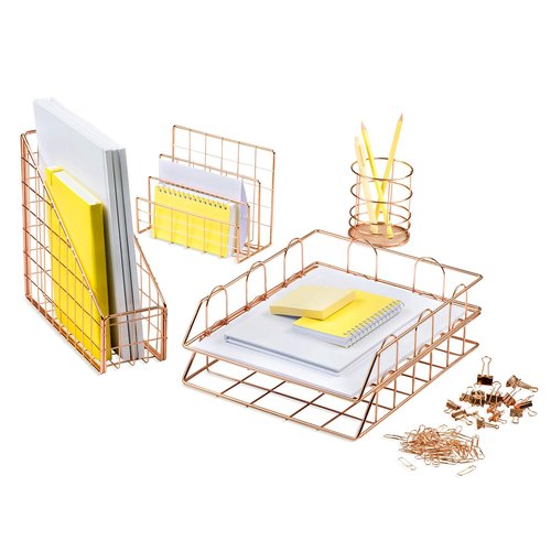Mindspace Rose Gold Desk Organizer 5-Piece Set | Magazine File Holder, Mail Sorter, Pen Cup Holder, Stackable Letter Tray + Bonus Binder & Paper Clips Set with Box | Wire Collection