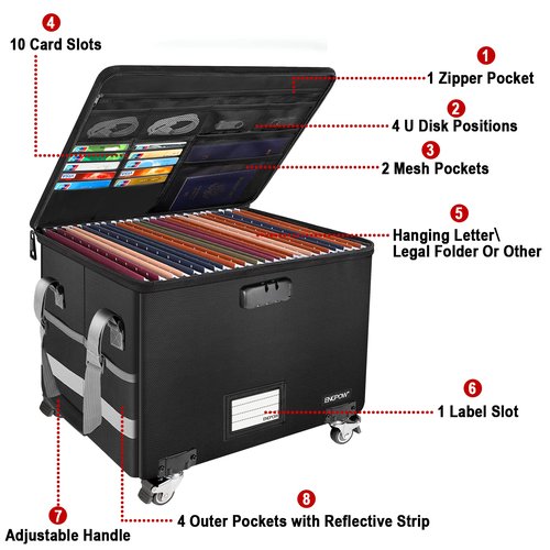 ENGPOW Fireproof Document Box with Wheels, Collapsible File Box with Lock, Rolling File Storage Organizer Filing Cabinet with Pockets, Portable Home Office Safe for Hanging Letter/Legal Folder