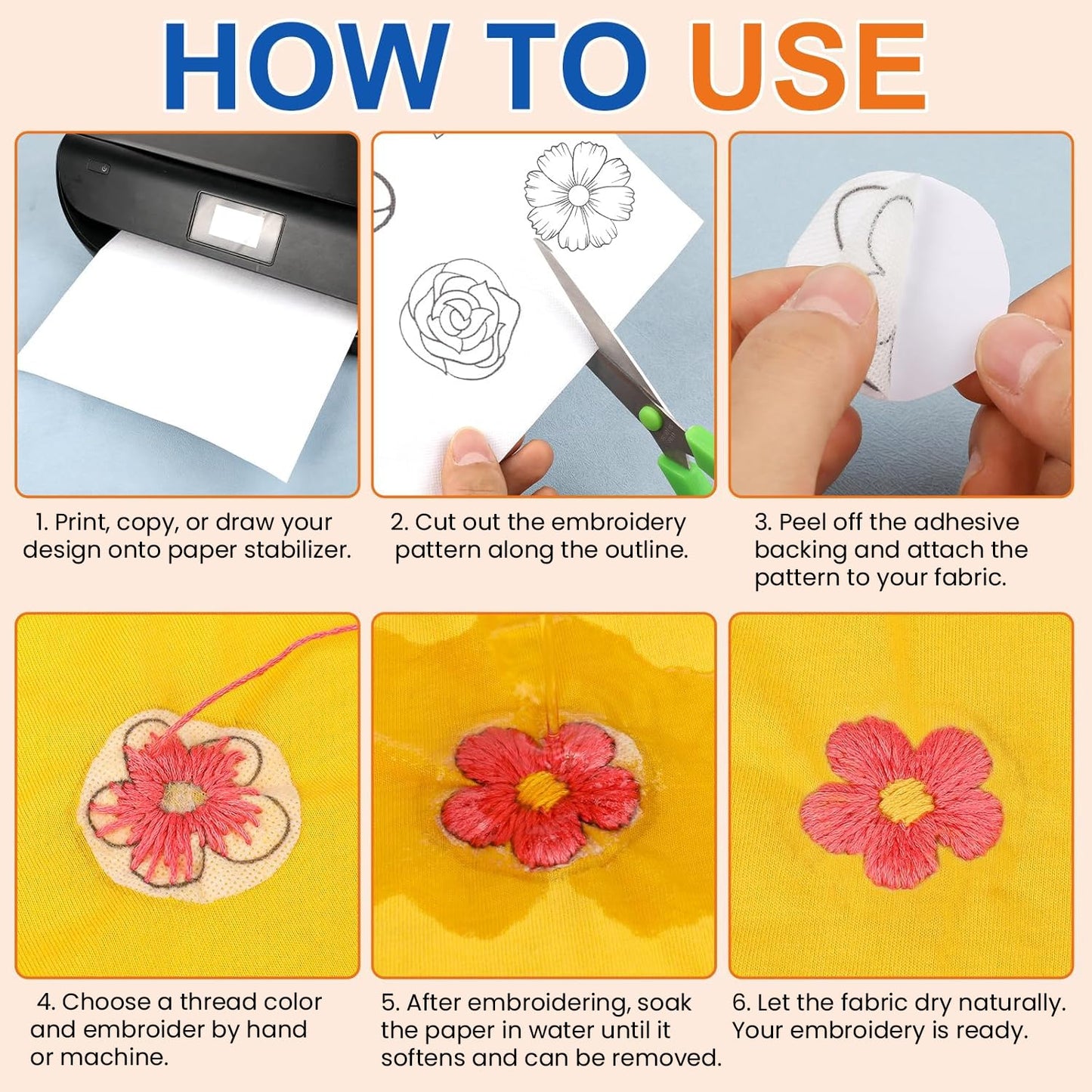 FURWEY 12PCS 8.5"x11" Wash Away Embroidery Stabilizer – Self Adhesive & Printable, Water Soluble Paper for Hand and Machine Use