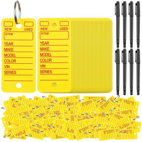 Harloon 1000 Pieces Key Tags with Labels, Car Dealership and Rings Blank Shop Labeling and 8 Pens Markers, Plastic Keychain Tags for Office Car Truck Shop Automotive Supplies
