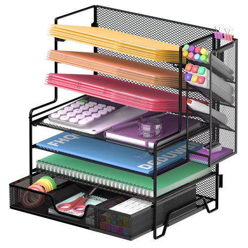 7 Tier Desk File Organizer, Letter Tray Paper Organizer with Pen Holder & Drawers for Office Home, Metal Desktop Organizers and Accessories for Study and Workspace，Black