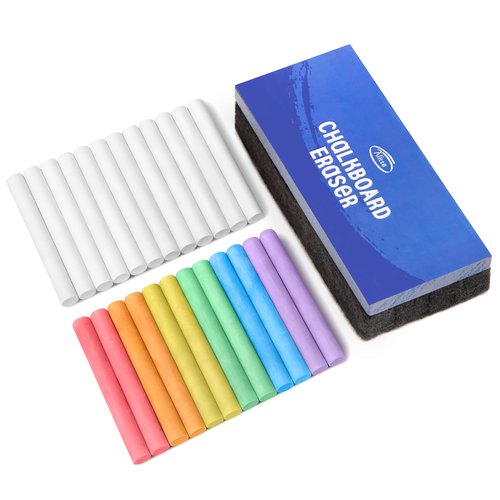Alitte Dustless Chalkboard Chalk - Set of 12 Colored & 12 White Chalk Sticks - Sketching, Drawing, Writing Supplies for Classroom, Home Schooling, Cafe Menu, Sidewalk Art