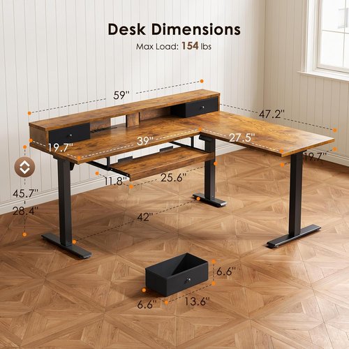 OffiGo L-Shaped Electric Standing Desk - Height Adjustable Corner Desk with Drawers & Monitor Stand | Rustic Brown, 59 Inch