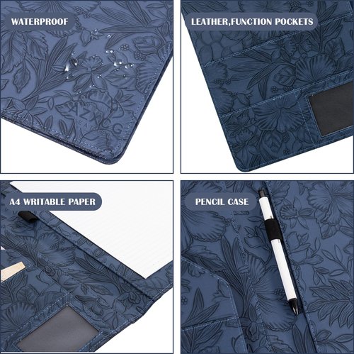 AZXCG Embossed Padfolio Portfolio PU Leather Binder,Interview Resume Folder,Business Card Holder, Organizer with A4 Legal Pads for Men Women(Blue)