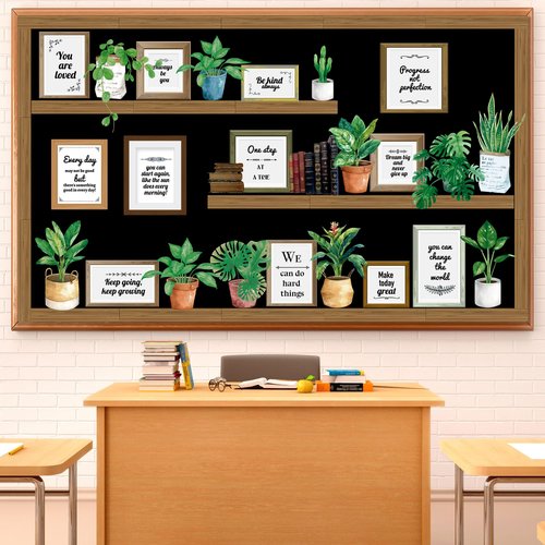 Bookshelf Bulletin Board Set Back to School Plant Motivational Classroom Decoration Reading Poster Potted Plant Back to School Cutouts for Library Office Chalkboard Wall Door Decor Supply