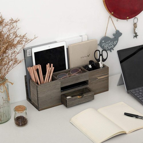 Liry Products Brown Wooden Desktop Organizer Multiple Compartments Rack Shelf Drawer Tabletop Wood Storage Cabinet Office Supplies Caddy Document Stationery Holder Accessory Sorter Vanity Home