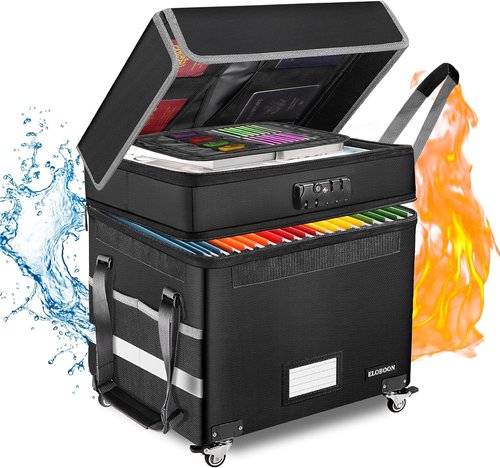 Fireproof File Box with Lock by [Brand Name] - Collapsible Organizer with Wheels for Home & Office | Black