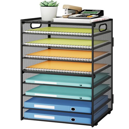 SUBEKYU 9 Tier Paper Organizer for Desk - Black Metal Mesh Letter Tray File Paper Sorter Organizer Include 6 Pcs Adjustable Height Slid Tray with Handles for Office School Home Organization Storage