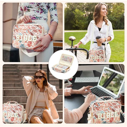 Sinload Large Bible Cover Case for Women, Bible Study Supplies 12 x 9 x 2.5 Chenille Letter PU Leather with Tabs Gel Pen Highlighters with Strap Back to School Supplies Christian Gifts for Girl