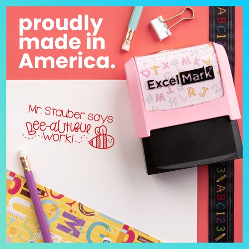 ExcelMark Personalized Teacher Stamps for Classroom - Custom Stamps for Grading - Puns of Praise with 12 Stylish Mount Patterns (Pink Mount, Bee-autiful Work)