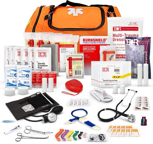 First Responder Trauma First Aid Kit Bag - Fully Stocked Emergency Medical Kit for Home, Vehicle & Workplace - OSHA & ANSI Compliant - Portable Orange