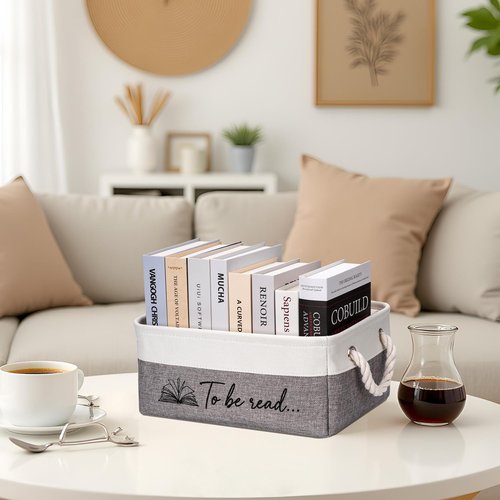 EraGleeVibe Book Storage Basket TBR Book Lover Gifts to Be Read Organizer Bin with Handles Bookworm Gift for Student Teacher Home Classroom Reading Decorative Box Bookish Accessories (Grey)