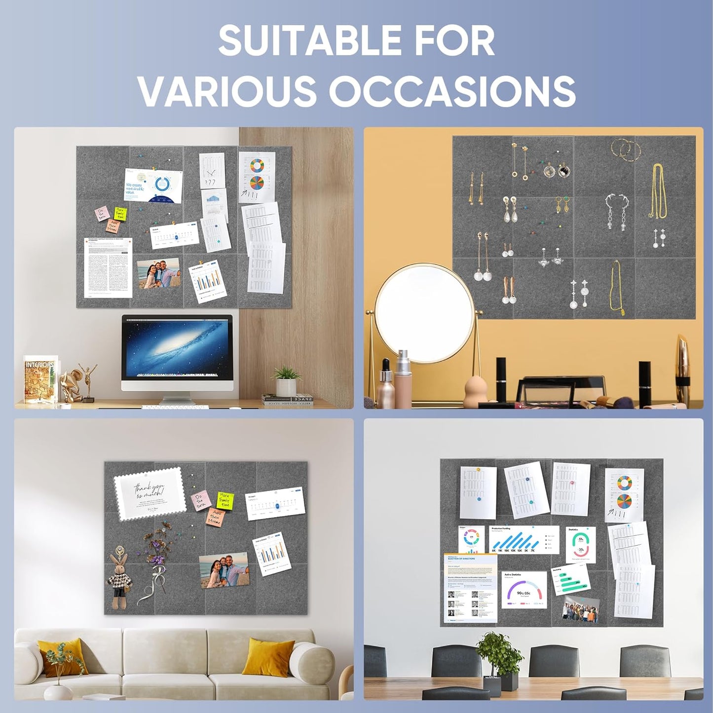 VUSIGN Large Cork Board - 47"x35" Bulletin Board with Adhesive Tabs & Push Pins | Grey Felt Wall Tiles