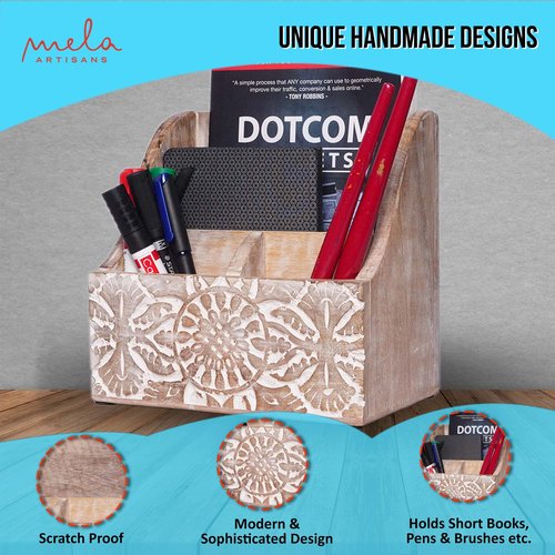 Mela Artisans Natural Wood Letter Holder for Desk w/Rustic Touch - Hand-Craved Wooden Desk Organizer - Multi-Purpose Wood Desk Organizer - Portable Shelf for Desk - 7.2” x 5.1” x 7.3”