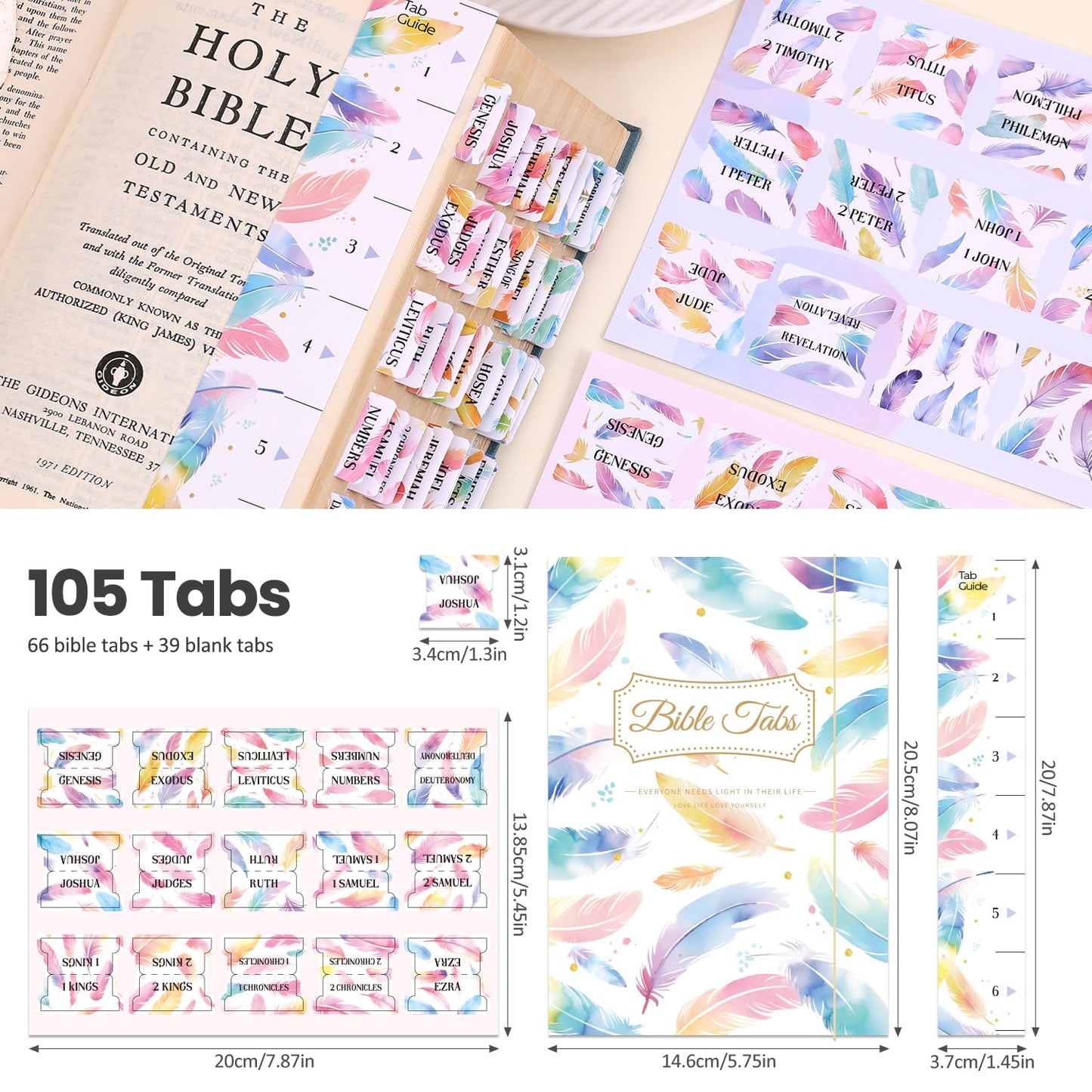 Bible Tabs For Women, 66 Large Print Laminated Bibles Chapters Index Tabs and 39 Blank Dividers Sticky Labels, Cute Beauty Feather Bible Study Supplies, Journaling Accessories, Christian Gifts for Men