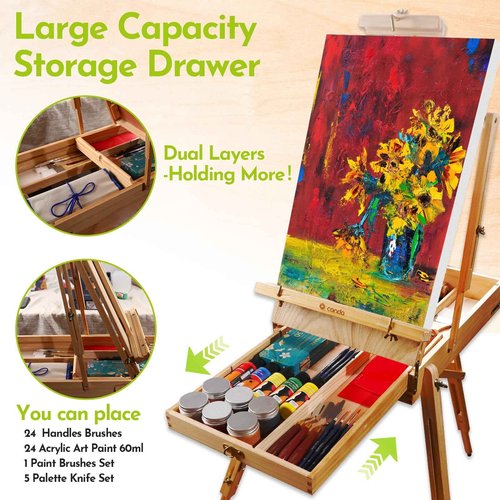 CONDA Large Wooden French Easel and Sketchbox Easel, Adjustable Tripod Easel Stand with Drawer and Palette for Artist, hobbyists, Professionals, Ideal Easel for Painting, Sketching, and Display