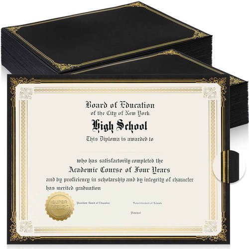 Kosiz 100 Pcs Single Sided Certificate Holders with Gold Foil Border for 8.5 x 11 Inch Certificates Cardstock Document Papers Graduation Diploma Covers Marriage Supplies, Linen Textured(Black)