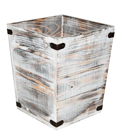 Owlgift Decorative Rustic Whitewashed Wood Trash Can, Farmhouse Stylish Wooden Waste Basket Near Desk, Square Garbage Cans Trashcan with Metal Brackets for Office, Bedroom & Bathroom
