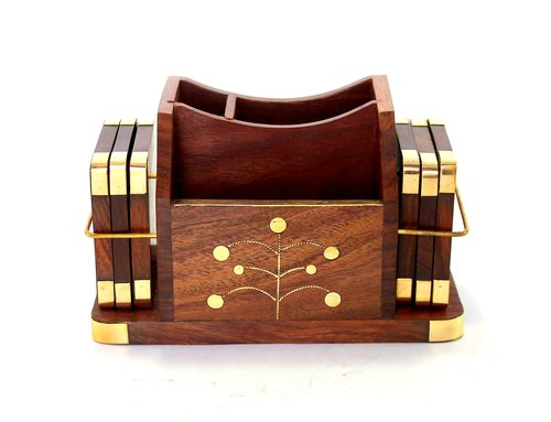 Stonkraft Wooden Rosewood Desk Organizer, Coasters Set, Pen Stand, Business Card Holder with Brass Work (Office Table Accessories)
