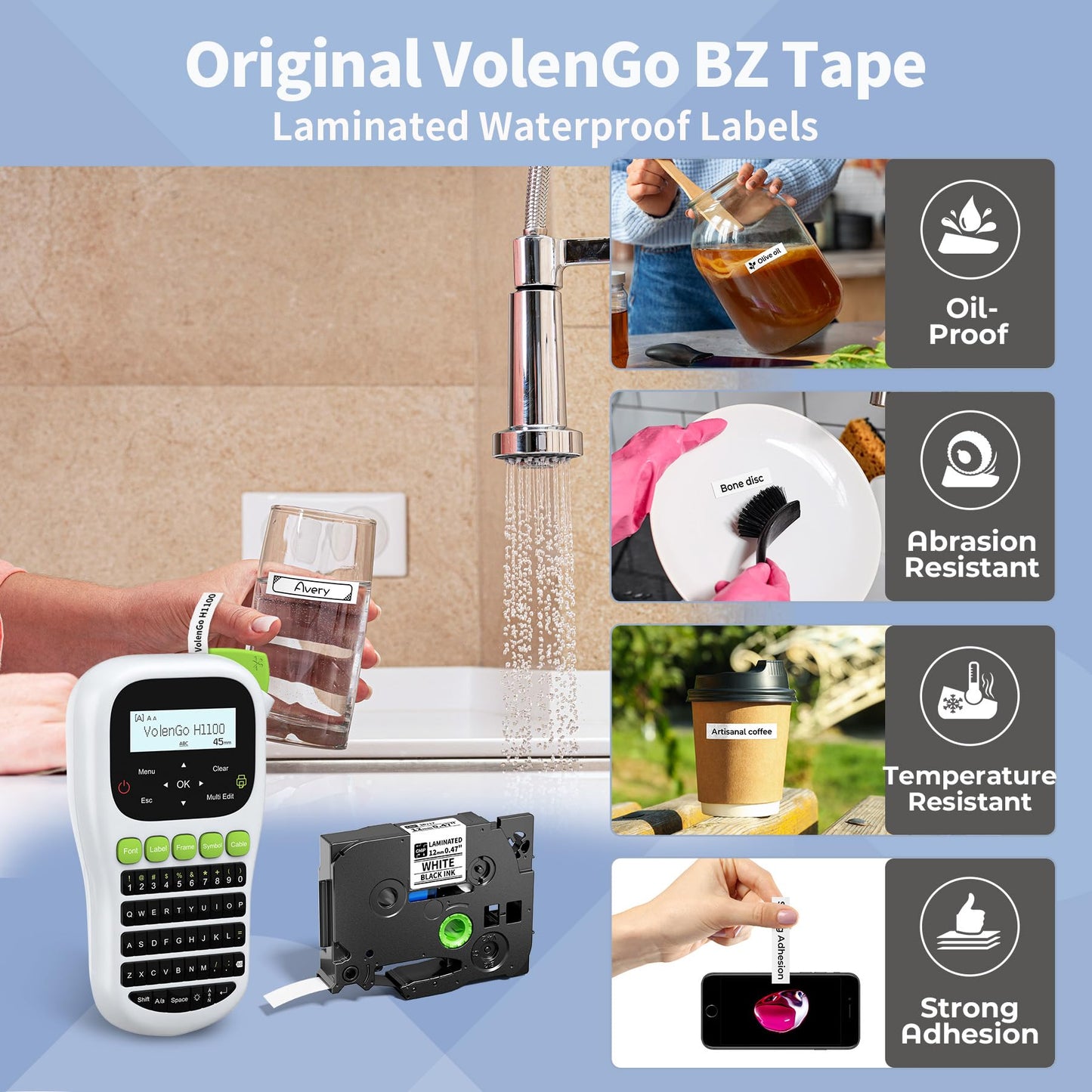 VolenGo H1100 Label Maker Machine with-Tape 12mm Laminated, Backlit Handheld Label Maker Waterproof-Labels, QWERTY Keyboard & Multi Fonts, Portable Inkless Label Printer for Home Office Organization