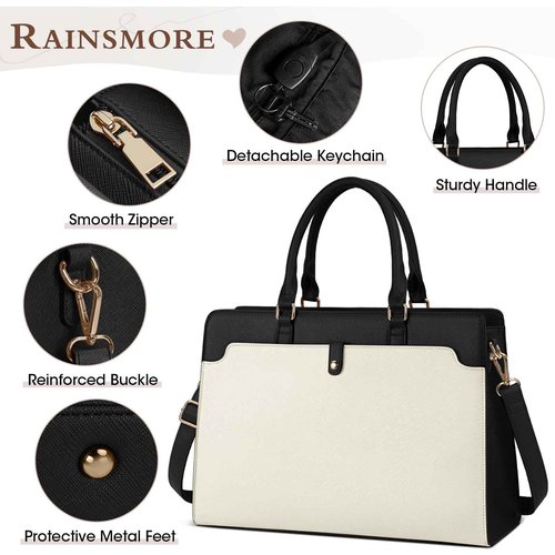 RAINSMORE Laptop Bag for Women 15.6 Inch Laptop Tote Bag Leather Work Bag Waterproof Womens Briefcase Business Office Computer Tote Large Capacity Handbag, Beige and Black
