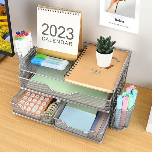 Gianotter 3-Tier Desk Drawer Organizer with 2 Pen Holder, Desk Accessories & Workspace Organizers for Home Office Supplies (Silver)