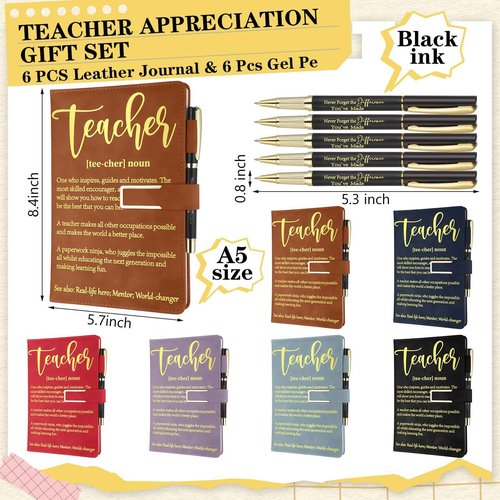 Chuangdi 6 Sets Teacher Appreciation Gifts Bulk Teacher Graduation Notebook Hardcover A5 Leather Journal with Metal Buckle Ballpoint Pen Thank You Inspiration Gift for Sunday School Employee Coworker