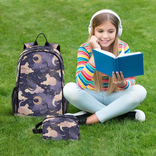 ALAZA Cat Moon Star Witchy Backpack and Lunch Bag Set Back Pack Bookbag Cooler Case Kits